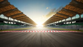 Evening scene asphalt international race track with starting or 