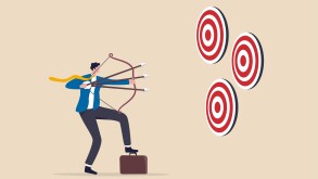 Multitasking or multiple purpose strategy, aiming for many targets or goal, skillful professional to achieve success in work and career concept, businessman aiming multiple bows on three targets.