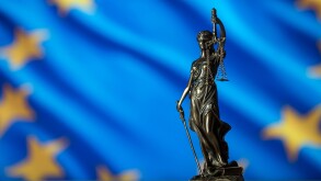 Law and Justice concept. UE flag background, place for typograph