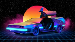 Future car  retro 80th Illustration retrowave with grid on the floor and sun in the background. - 3d Render