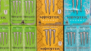 Indianapolis - Circa August 2021: Monster Beverage Display. Monster Beverage Corporation manufactures energy drinks including Monster Energy.