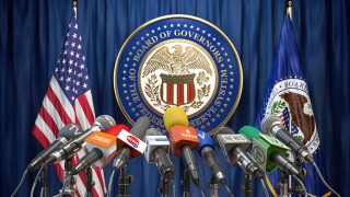 Federal Reserve System Fed of USA press conference concept. Micr