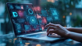 An AI and robot icon with "AI" text on a digital screen