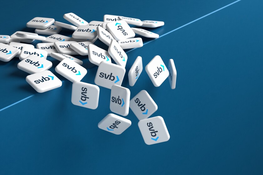 Concept: The demise of the bank for financing startup companies Silicon Valley Bank SVB. Logos of SVB falling over an edge / cliff
