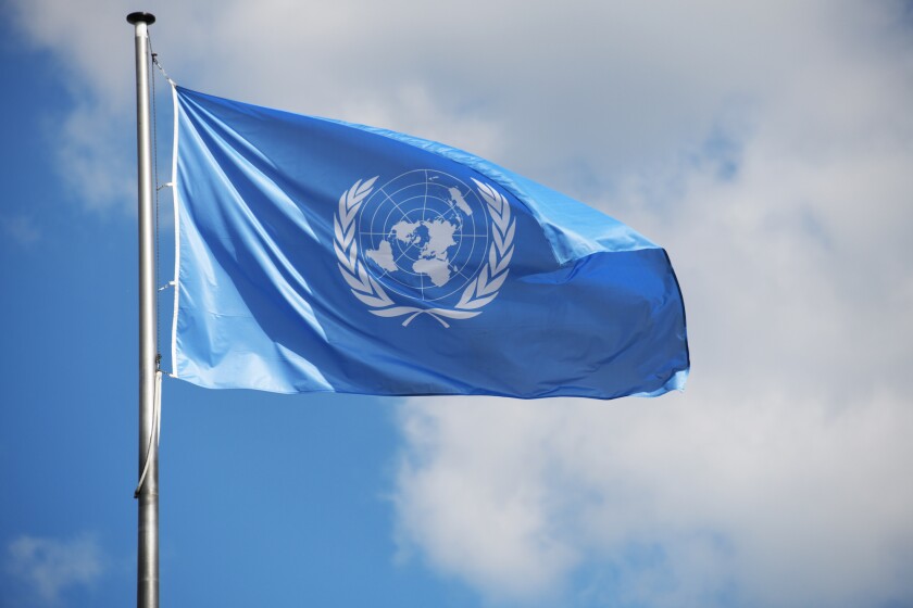 Bonn, North Rhine-Westphalia, Germany - May 14, 2019: Flag of the United Nations on the UN Campus Bonn, Germany