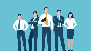 Successful leader and his team. Business vector illustration.