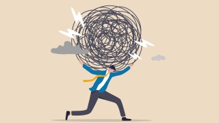 Stress burden, anxiety from work difficulty and overload, problem in economic crisis or pressure from too much responsibility concept, tried exhausted businessman carrying heavy messy line on his back