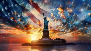Statue of Liberty with an American flag background Sunset sky with stars and clouds in the style of an American landscape painter Generative AI