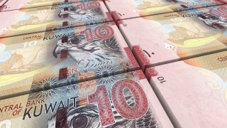 Kuwait dinars bills stacks background. Computer generated 3D photo rendering.