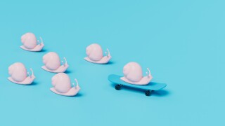 a fast snail on a skate that other snails catch up with. 3D render