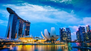 Marina Bay Sands and ArtScience Museum in Singapore after sunset