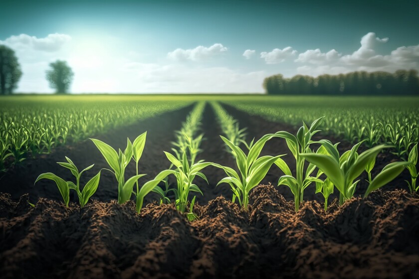 Springtime corn field with fresh, green sprouts in soft focus. I