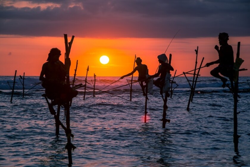 Traditional stilt fisherman at sunset in Sri Lanka