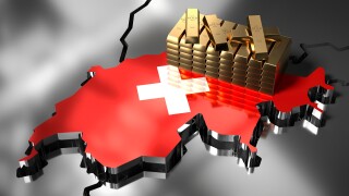 Switzerland map and flag, gold ingots - 3D illustration