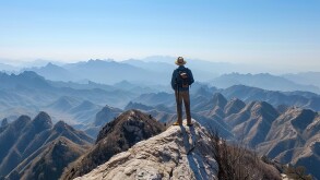 Lone traveler on mountain peak