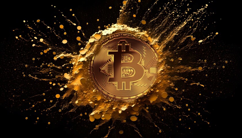 Gold bitcoin symbol on black background. Bitcoin coins splashing