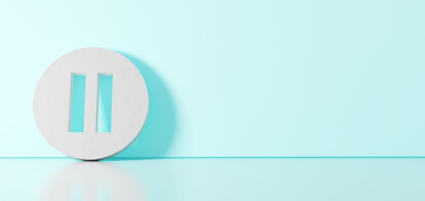 3D rendering of white symbol of pause  icon leaning on color wall with floor reflection with empty space on right side
