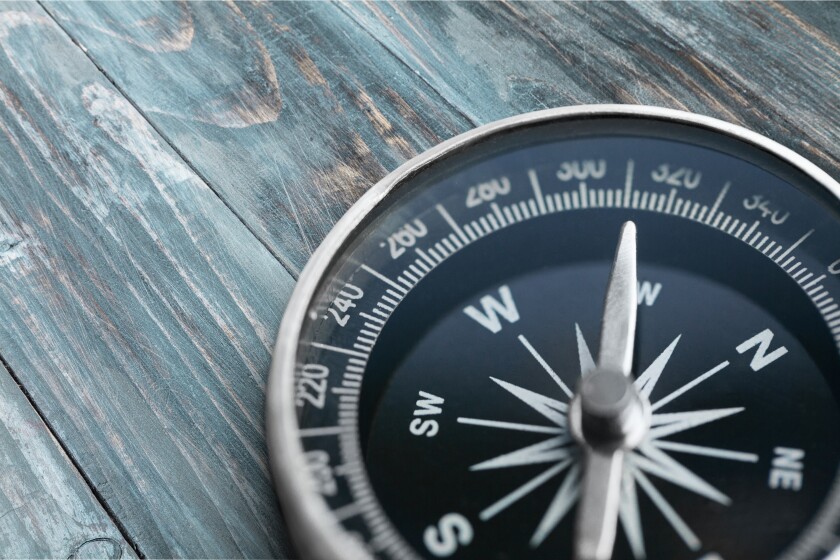 Brass antique compass  on background
