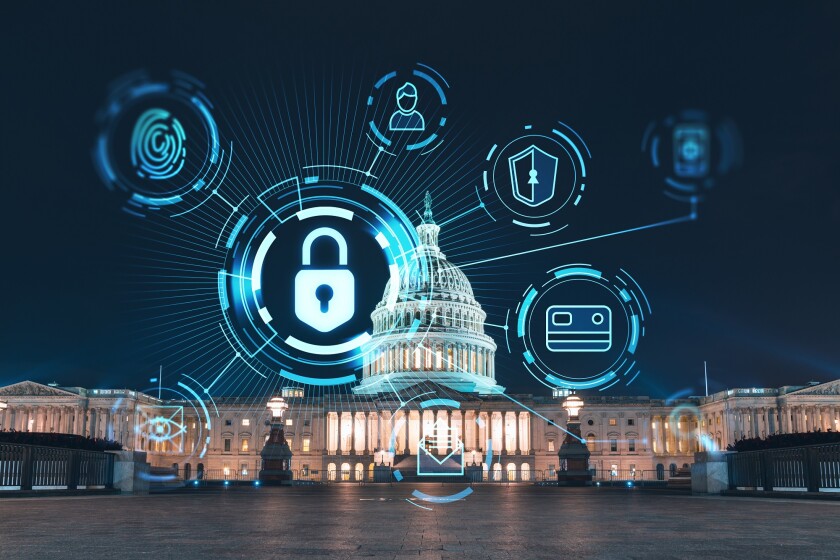 Front view, Capitol dome building at night, Washington DC, USA. Illuminated Home of Congress and Capitol Hill. The concept of cyber security to protect confidential information, padlock hologram