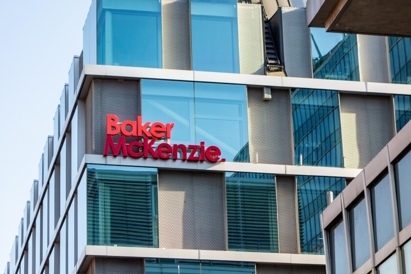 The building with a logo of Baker McKenzie international law firm in Stockholm.