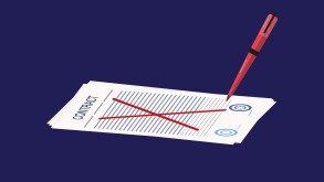 The contract has been crossed out with a red pen. Vector illustration.The concept of termination old, refusal contract. Failed deal. Violation of conditions commercial agreement. Expired treaty.