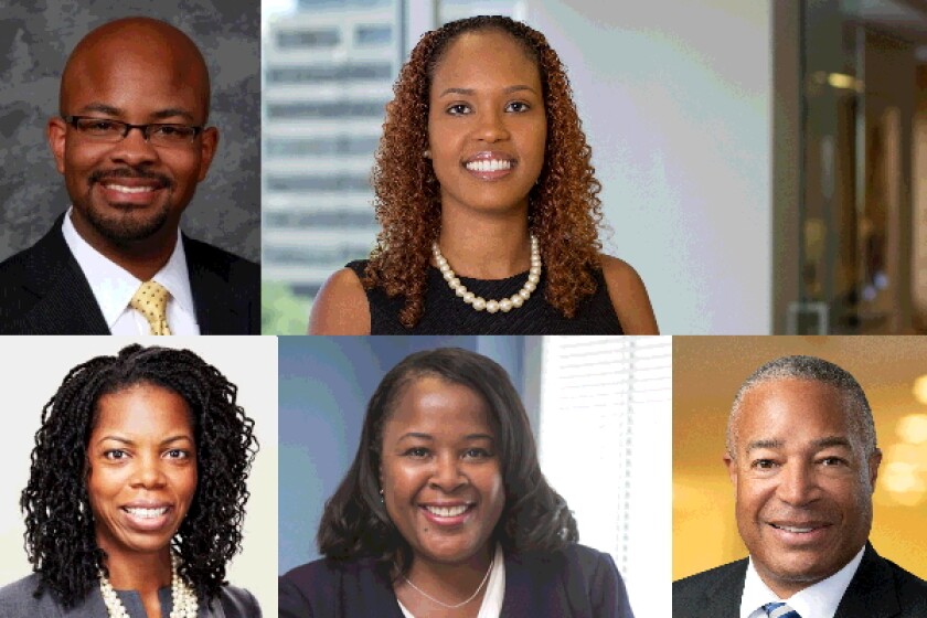 Clockwise from top left: Jade Laye at Haynes and Boone, Karina Calliste at Fish & Richardson, Mareesa Frederick at Finnegan, Eldora Ellison at Sterne Kessler, Mark Whitaker at Morrison & Foerster