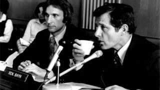 Senator Birch Bayh (right) with staffer Joe Allen (left), circa 1980 during the Bayh-Dole hearings