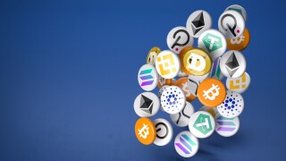 Logos of the main cryptocurrencies Bitcoin, Ethereum, Binance, Cardano, Ripple, Dogecoin, Tether, Solana, Polkadot falling onto a table. Copy space.