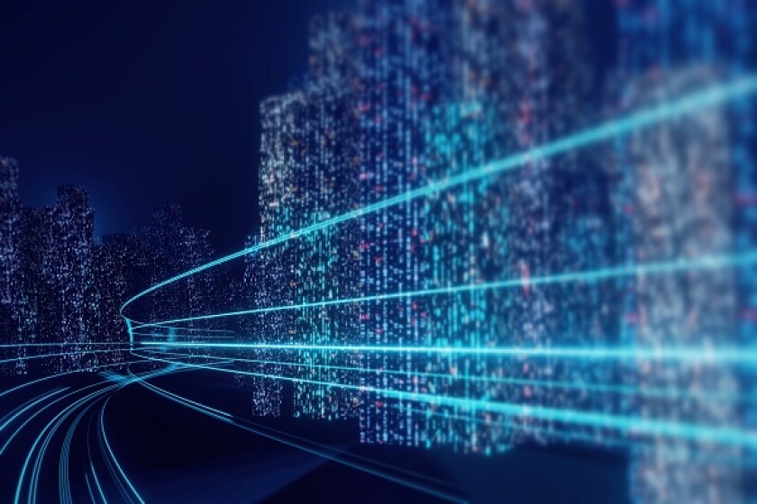 3D Rendering of abstract highway path through digital binary tow