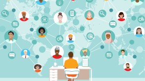 Corporate team working remotely online on project. Manager, diverse employees working together, international network, virtual office at map, freelancers group. Business communication vector banner