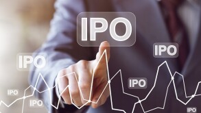 Businessman presses button ipo Initial Public Offering diagram online network.