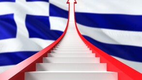 Greece success concept. Graphic shaped staircase showing positive financial growth. Business theme.