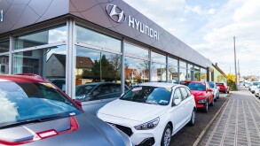 NUREMBERG / GERMANY - APRIL 7, 2019: Hyundai logo on a Hyundai car dealer in Nuremberg. The Hyundai Motor Company is a South Korean multinational automotive manufacturer headquartered in Seoul.