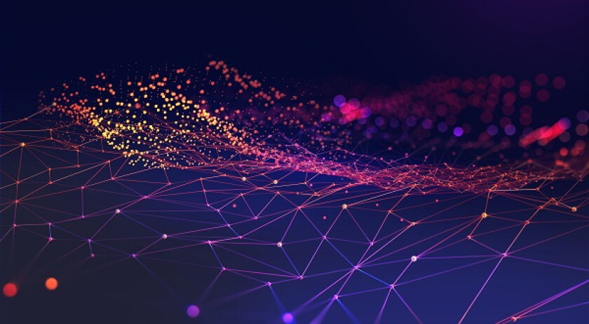 Neural network 3D illustration. Abstract Big data concept. Global database and artificial intelligence. Bright, colorful background with bokeh effect