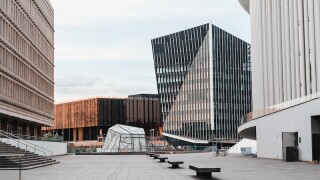 1 August 2019, Luxembourg: Citiscape view in the modern area of Luxembourg with the European court of justice, Parliament and Philharmonic Hall