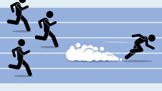 Fast runner sprinter overtaking everybody in a race track field event. Vector artwork depict winner, fastest, champion, and dominance.