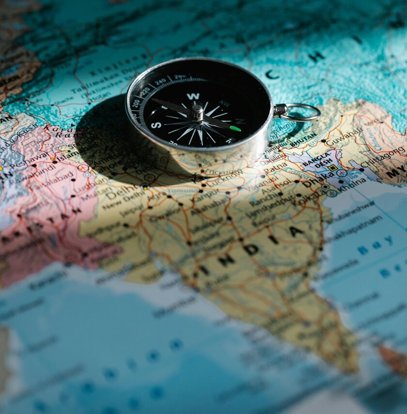 Compass on a map of India