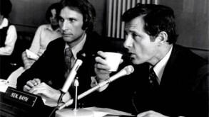 Senator Birch Bayh (right) with staffer Joe Allen (left), circa 1980 during the Bayh-Dole hearings