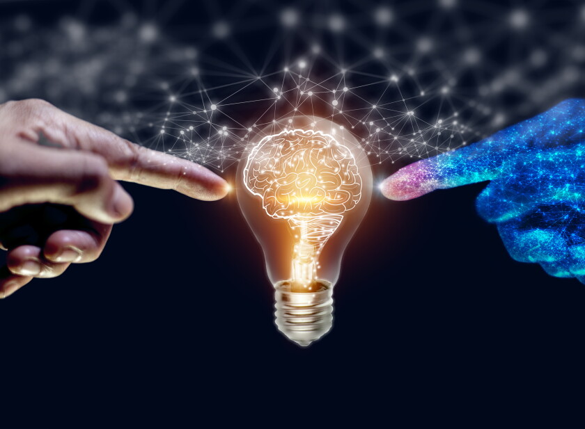Artificial intelligence (AI) Machine Learning, robot and human hands touching on big data network connection background, science and technology artificial intelligence, innovation and futuristic.
