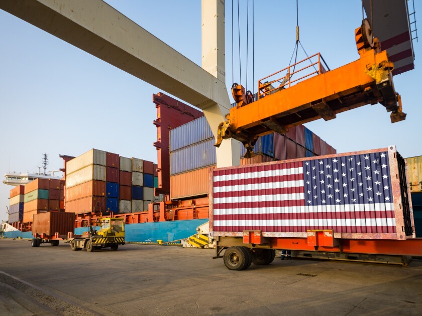 american container with usa flag in port. concept of american im