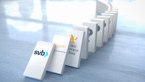 Concept: Who is next after the demise of the Silicon Valley Bank, Signature Bank and First Republic. Domino effect.