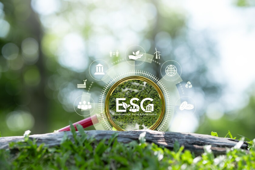 ESG, Environment, Society and Governance environmental concept social connections related icons Set of environmentally friendly icons around a magnifying glass, green background.