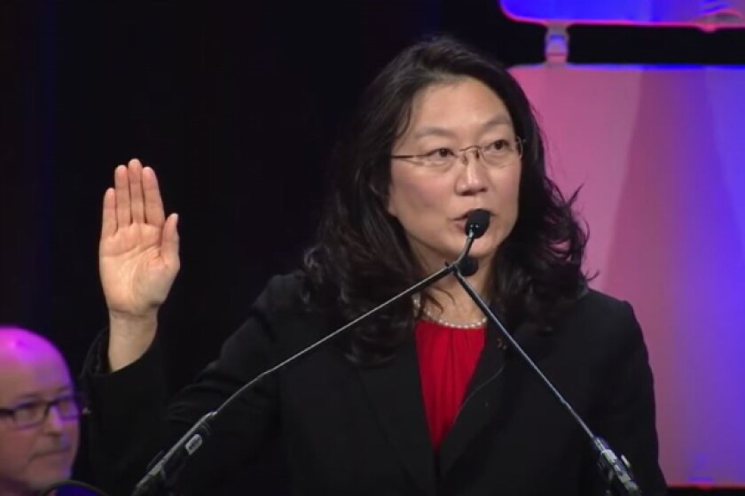 Judge Lucy Koh of the Northern District of California - one of Biden's nominees for the Ninth Circuit - speaking at the naturalisation ceremony at the 2017 NCSS Annual Conference