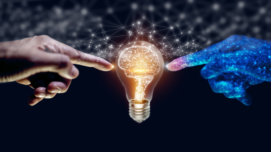 Artificial intelligence (AI) Machine Learning, robot and human hands touching on big data network connection background, science and technology artificial intelligence, innovation and futuristic.