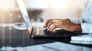 Laptop, overlay or hands trading cryptocurrency on stock market or global forex website with a financial strategy. Finance, hologram or black woman trader typing on database for future ai analytics