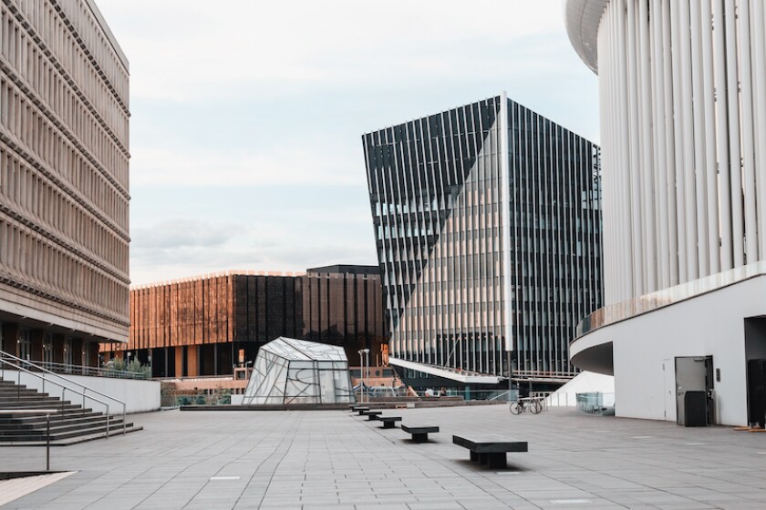 1 August 2019, Luxembourg: Citiscape view in the modern area of Luxembourg with the European court of justice, Parliament and Philharmonic Hall