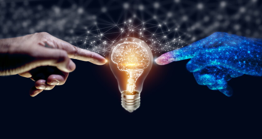Artificial intelligence (AI) Machine Learning, robot and human hands touching on big data network connection background, science and technology artificial intelligence, innovation and futuristic.