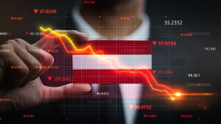 Graph Falling Down in Front Of Austria Flag. Crisis Concept