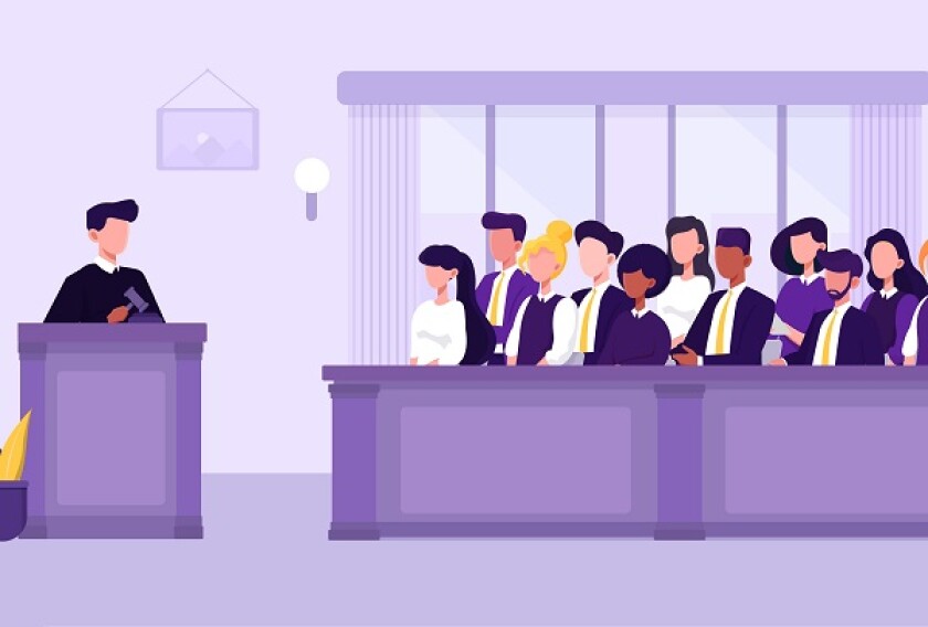 Illustration of people, judge and courthouse in jury trial concept. Vector Illustration