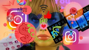 Influencer surrounded by apps and reaction symbols